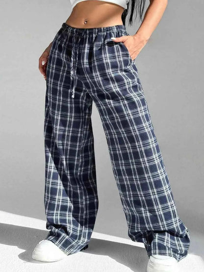 Plaid Drawstring Wide Leg Pants