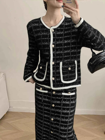 Tweed Contrast Trim Jacket and Skirt Set
