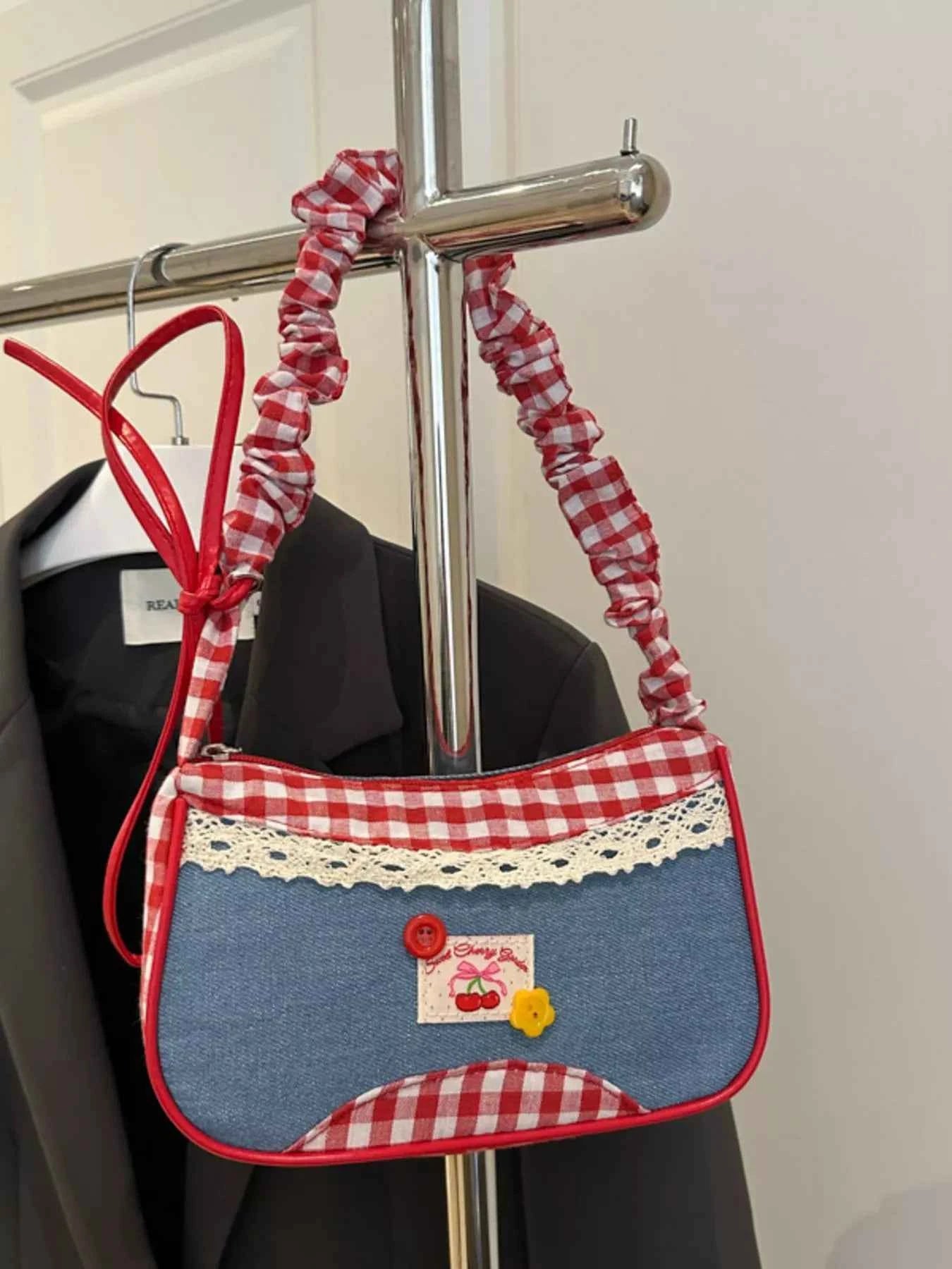 Cherry Plaid Strap Crossbody Bag