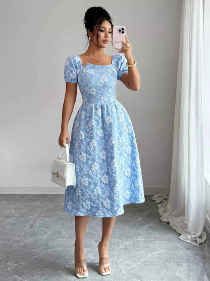 Floral Square Neck Puff Sleeve Midi Dress