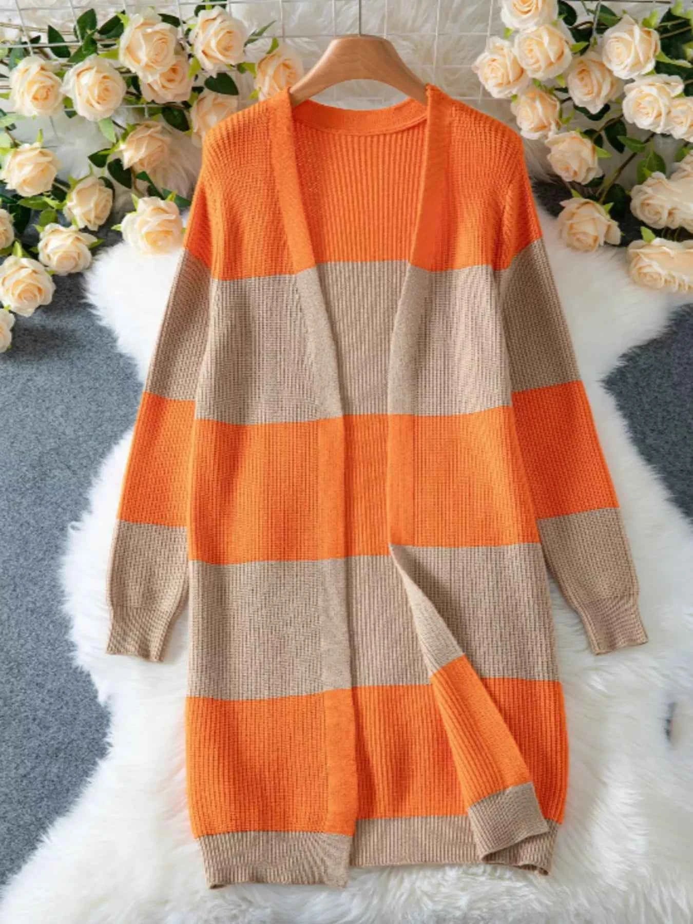Color Block Open Front Knit Cardigan