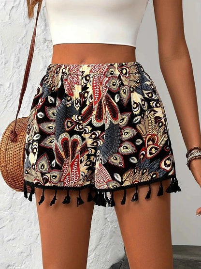 Paisley Print Tassel Hem Shorts