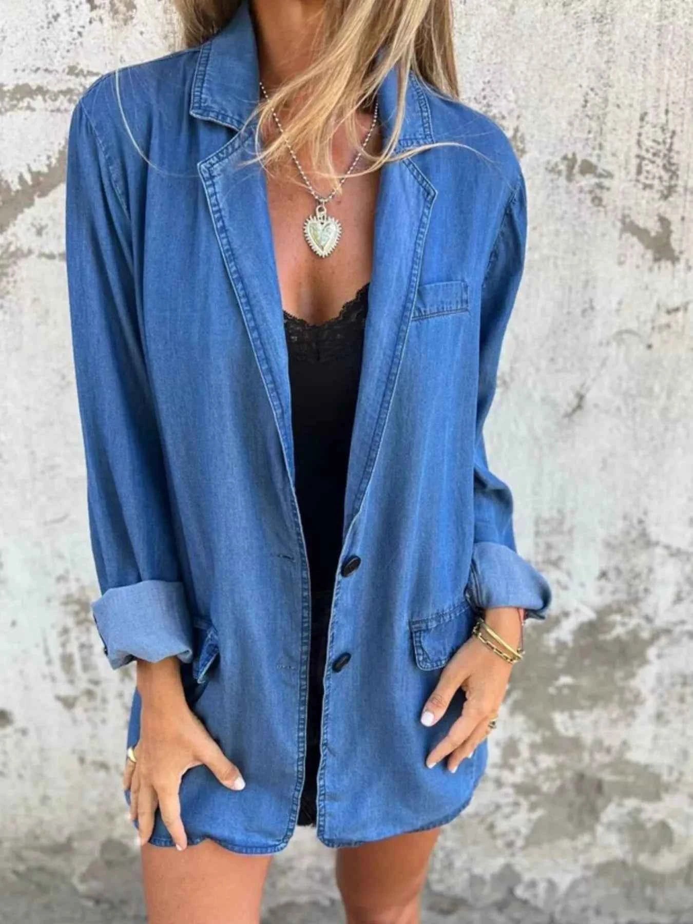 Full Size Button Down Denim Blazer Plus Size