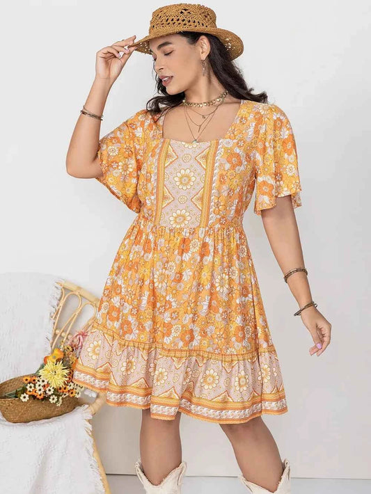 Plus Size Printed Square Neck Short Sleeve Dress