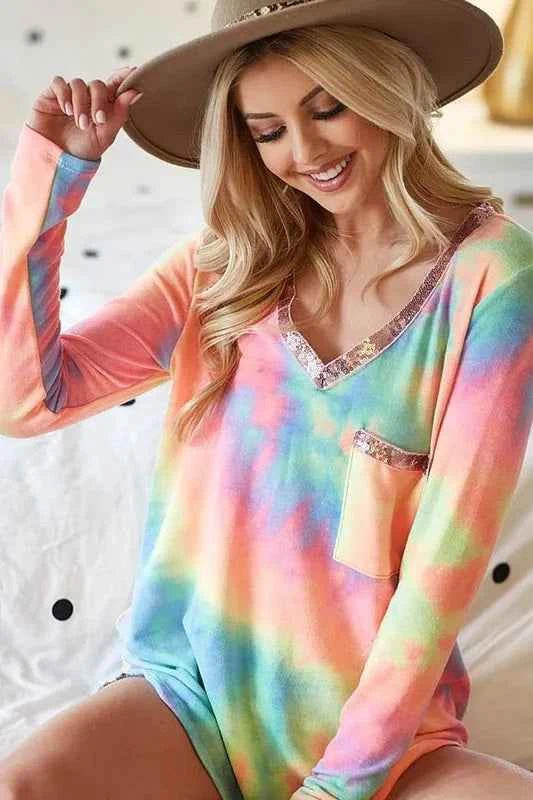 BiBi Tie Dye V-neck Terry Knit Top With Sequins