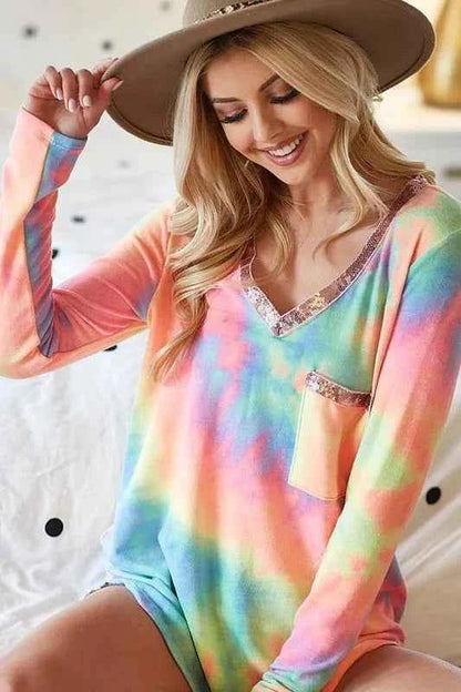 BiBi Tie Dye V-neck Terry Knit Top With Sequins