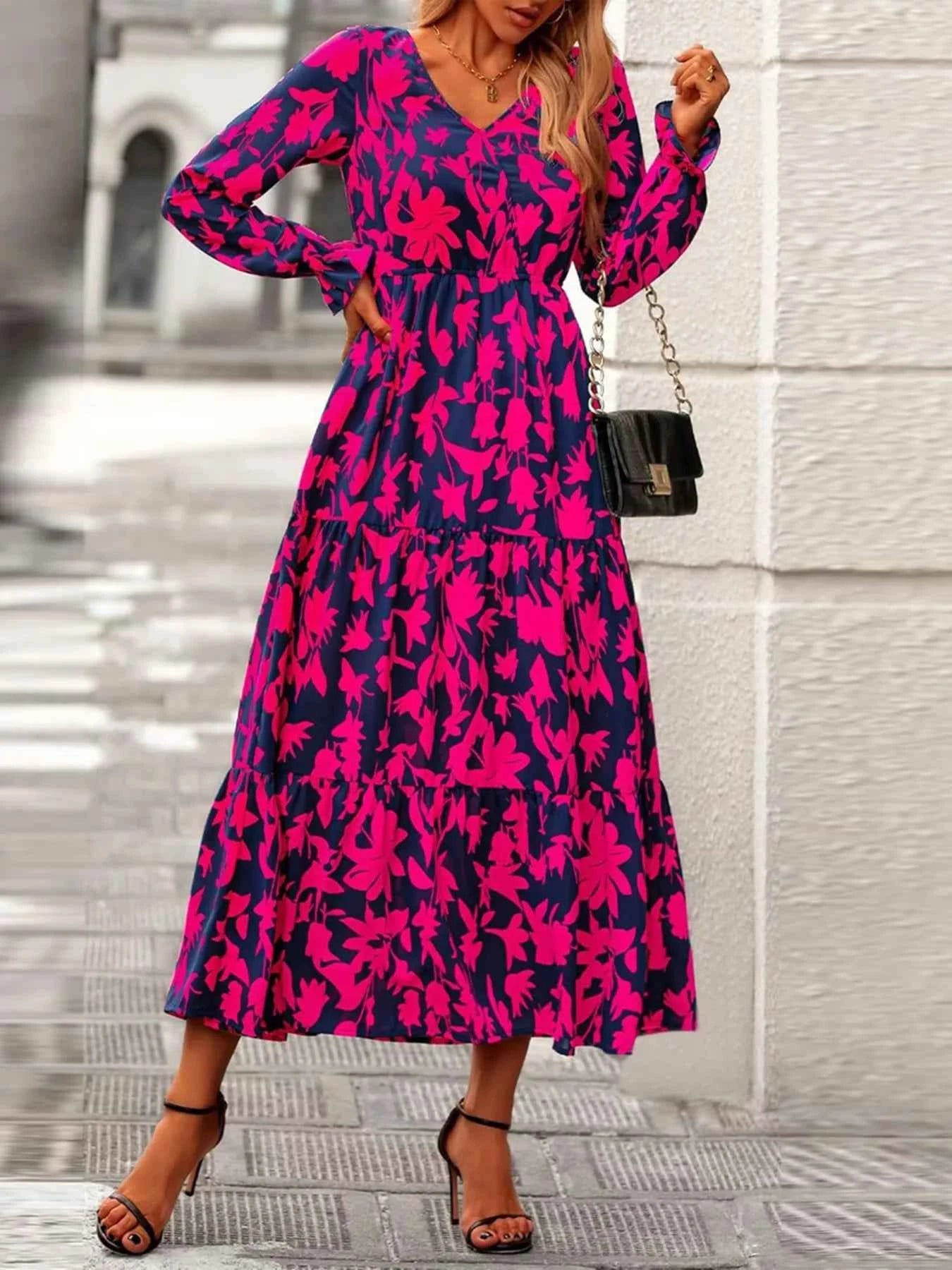 Printed V-Neck Flounce Sleeve Tiered Midi Dress