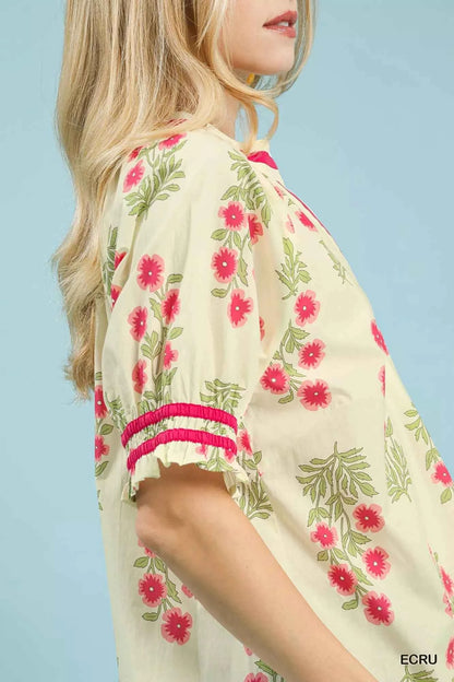 Umgee Floral V-Neck Puff Sleeve Top