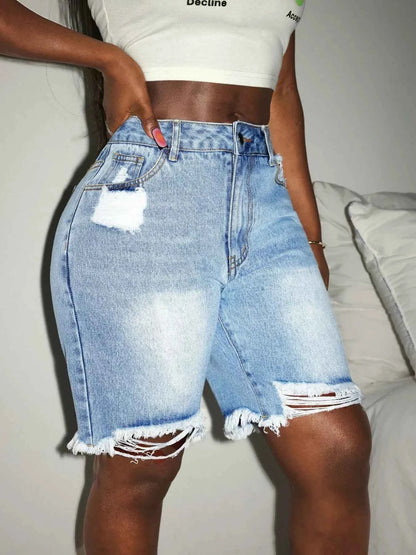 Distressed High Waist Frayed Hem Denim Shorts
