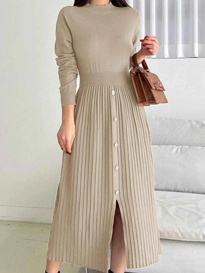 Slit Front Mock Neck Long Sleeve Knit Dress