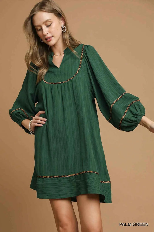 Umgee Textured Babydoll Dress with Leopard Trim
