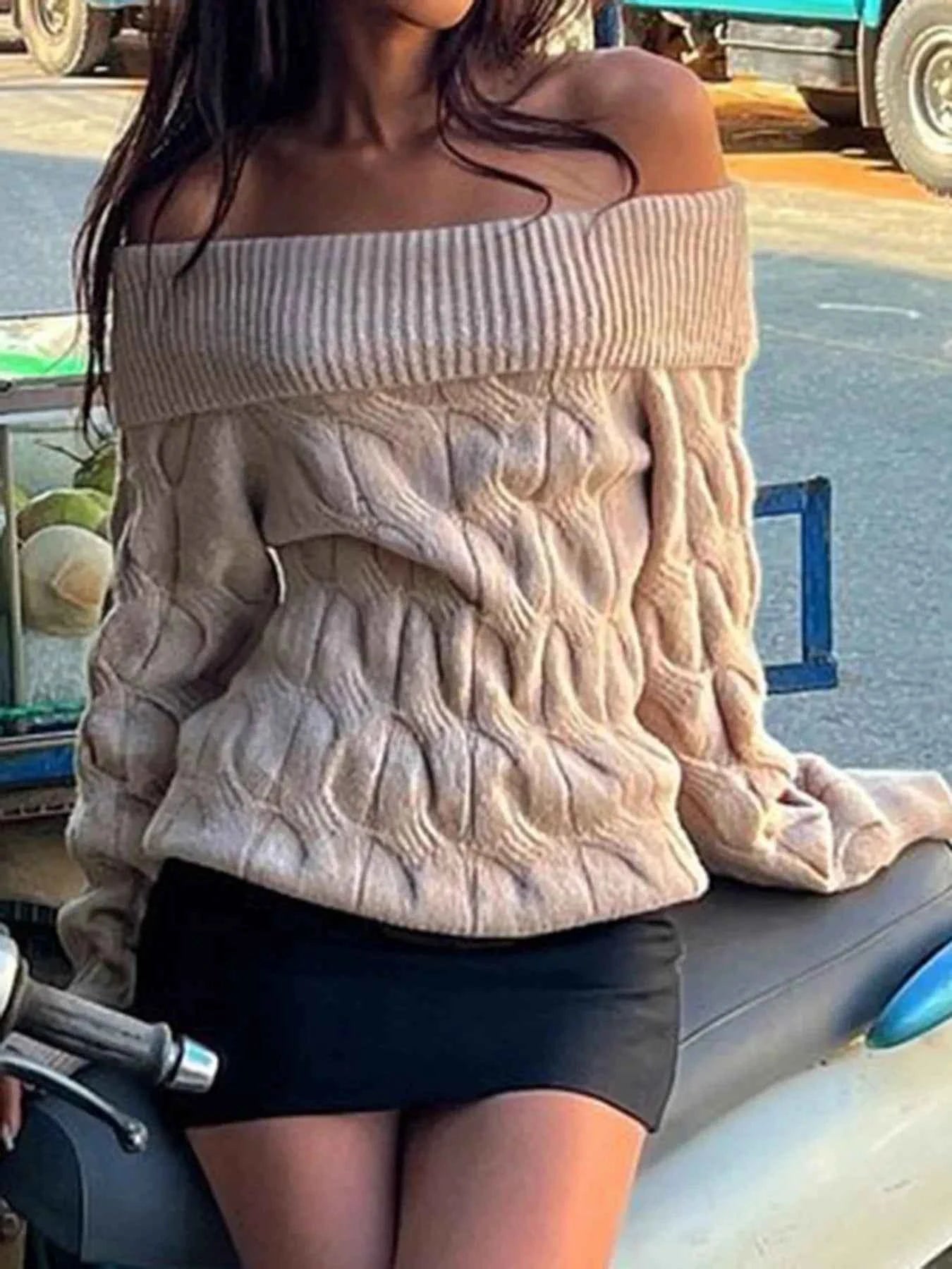 Cable Knit Off-Shoulder Sweater