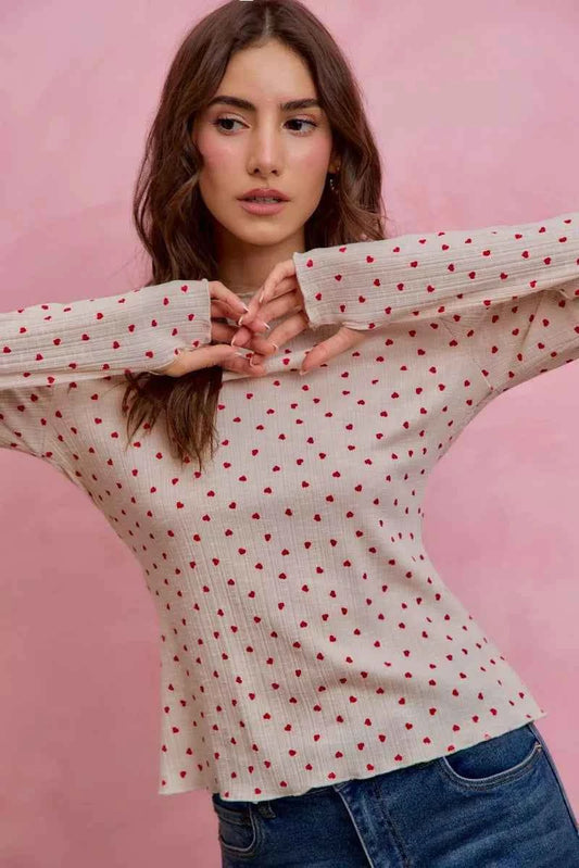 SO ME Ditsy Heart All Over Slub Rib Knit Valentine Top