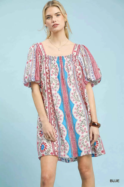 Umgee Mixed Print Puff Sleeve Mini Dress