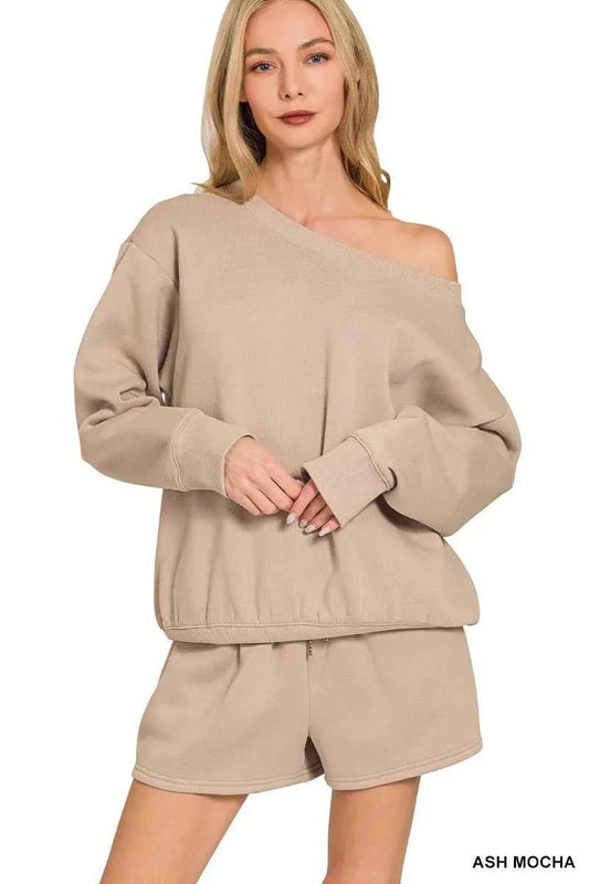 Zenana Fleece Boat Neck Sweatshirt and Shorts Set