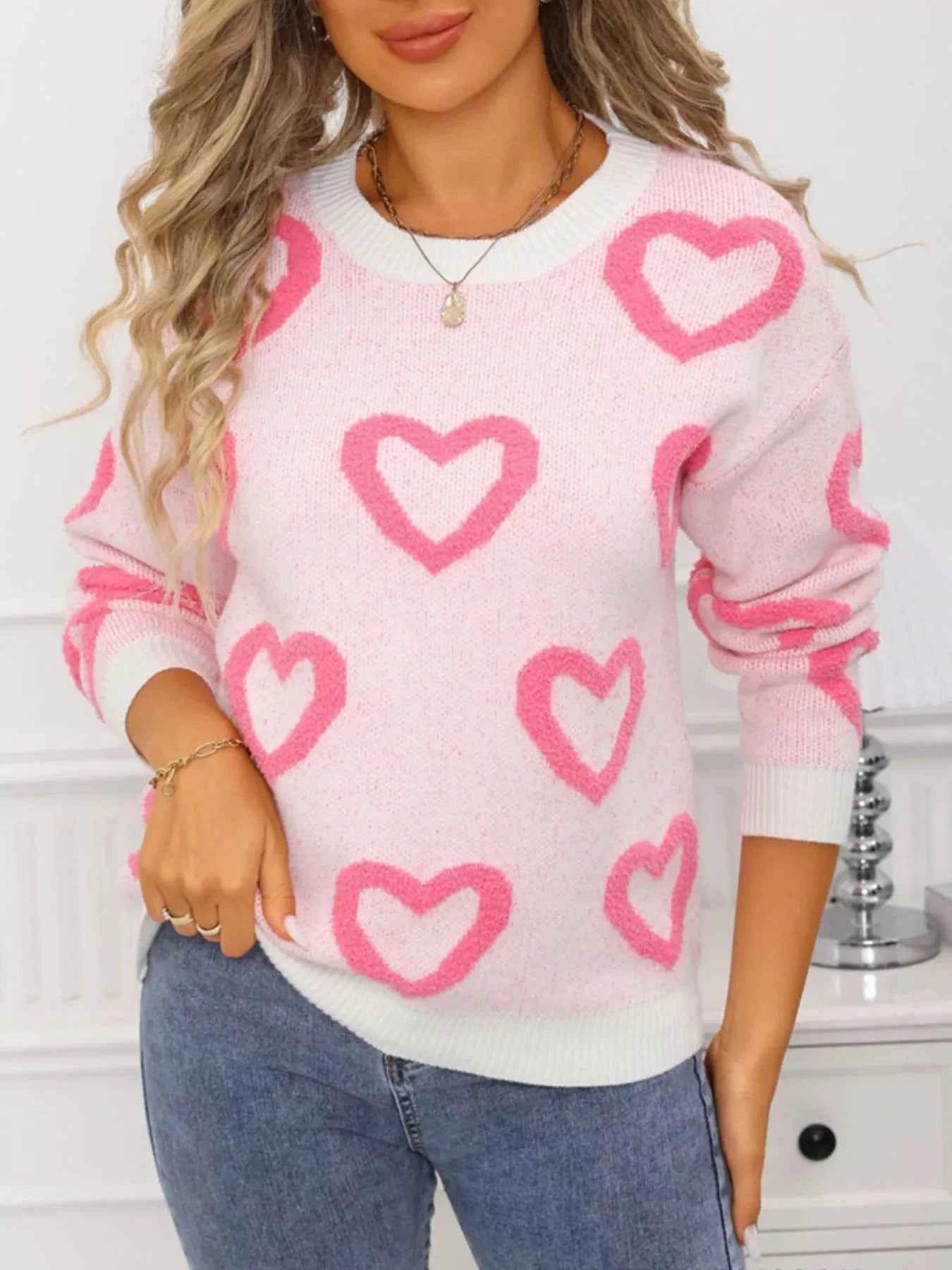Valentine's Day Heart Pattern Round Neck Sweater