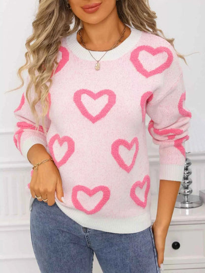 Valentine's Day Heart Pattern Round Neck Sweater