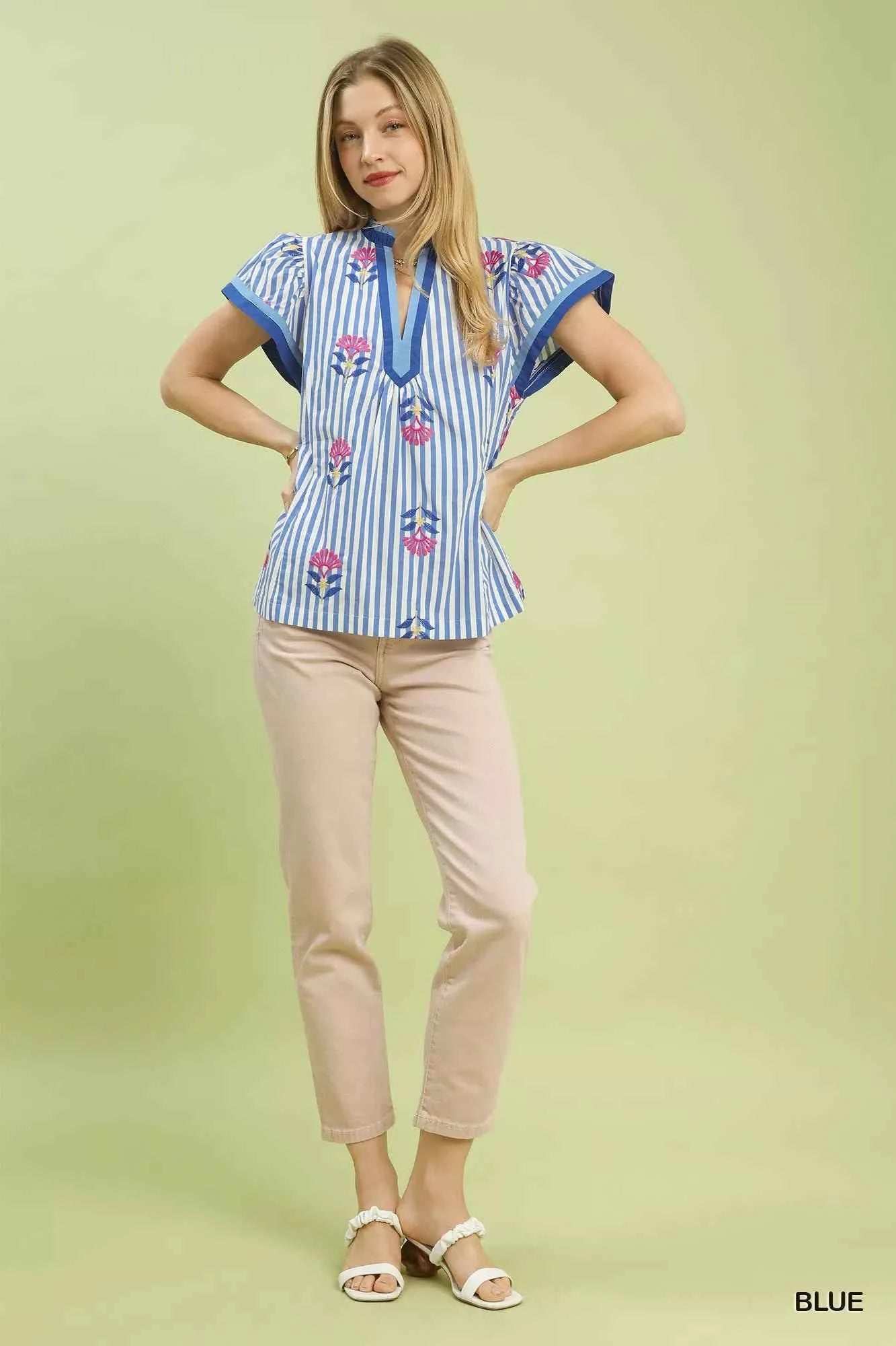Umgee Embroidered Striped Flutter Sleeve Top