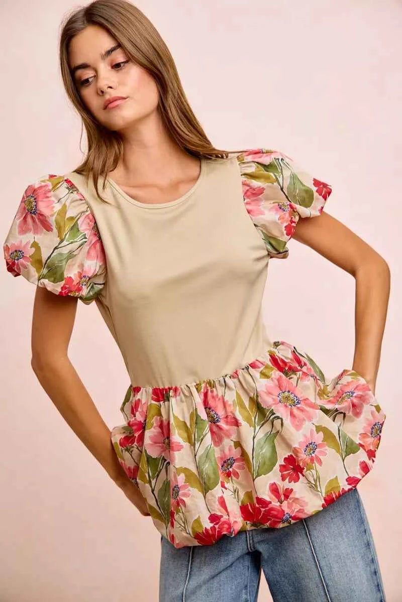 BiBi Floral Printed Bubble Sleeves and Hem Peplum Top