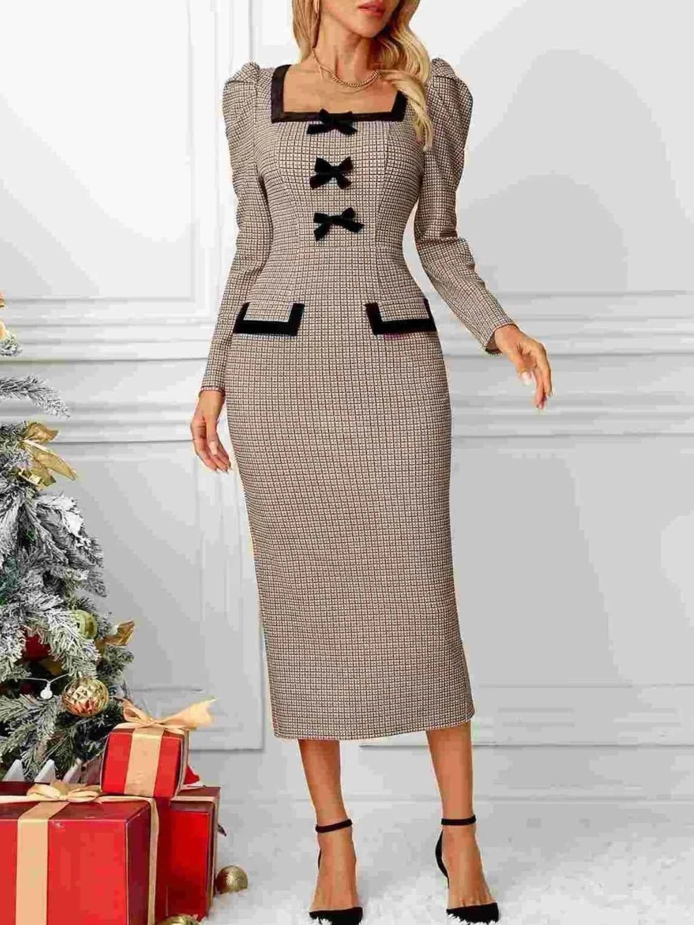 Houndstooth Bow Square Neck Dress