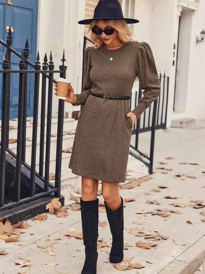 Ribbed Knit Puff Sleeve Casual Mini Dress