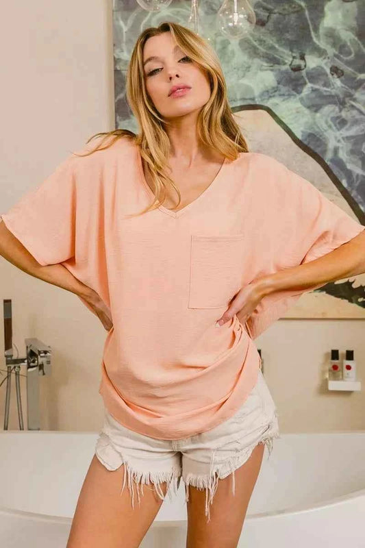 BiBi Woven V Neck Hi-low Boxy Top With Front Pocket