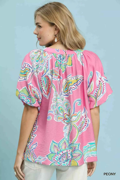 Umgee Paisley Print Puff Sleeve Top