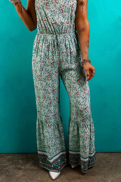 Bohemian Floral Ruffle Bottom Spaghetti Strap Jumpsuit
