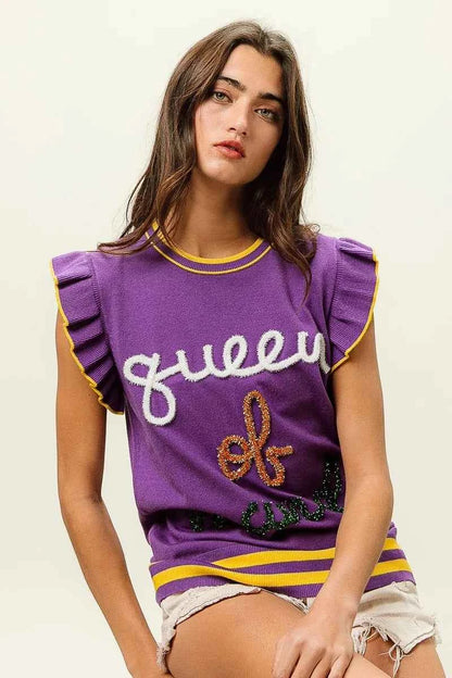 BiBi Queen Of Mardi Ruffled Armhole Sleeveless Knit Top