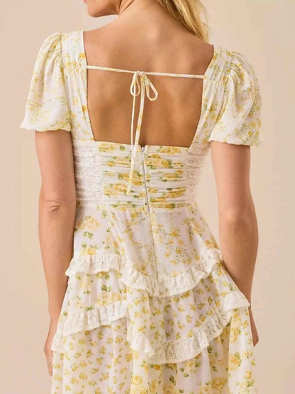 Floral Puff Sleeve Tiered Mini Dress