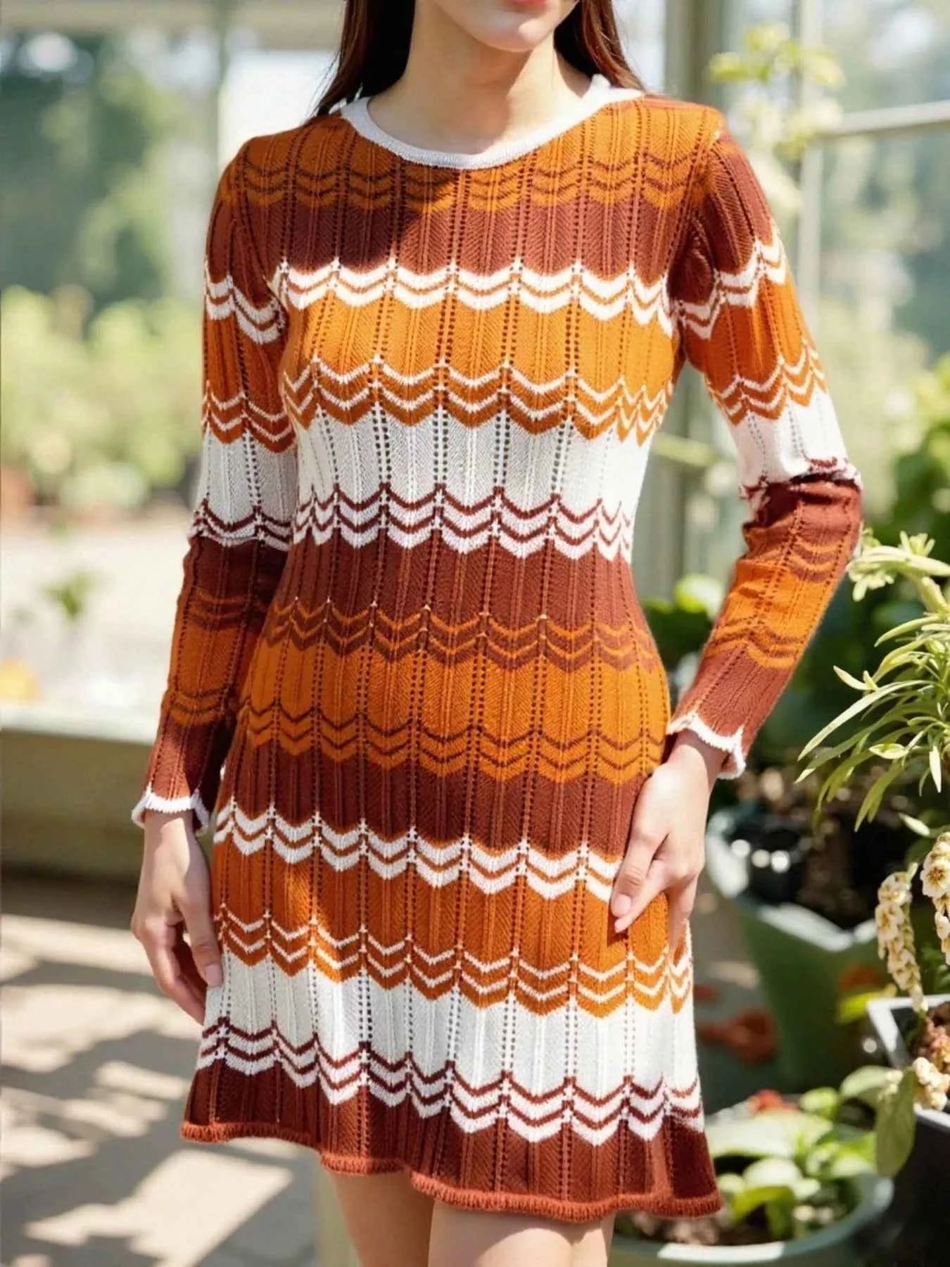 Openwork Wave Pattern Long Sleeve Sweater Dress