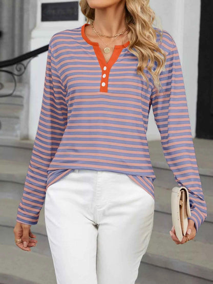 Striped Long Sleeve Henley T-Shirt
