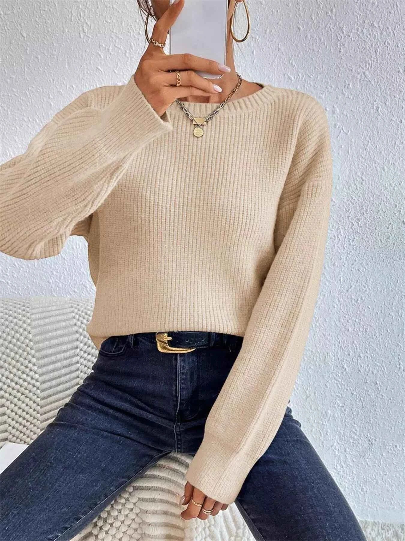 Ribbed Knit Dropped Shoulder Sweater