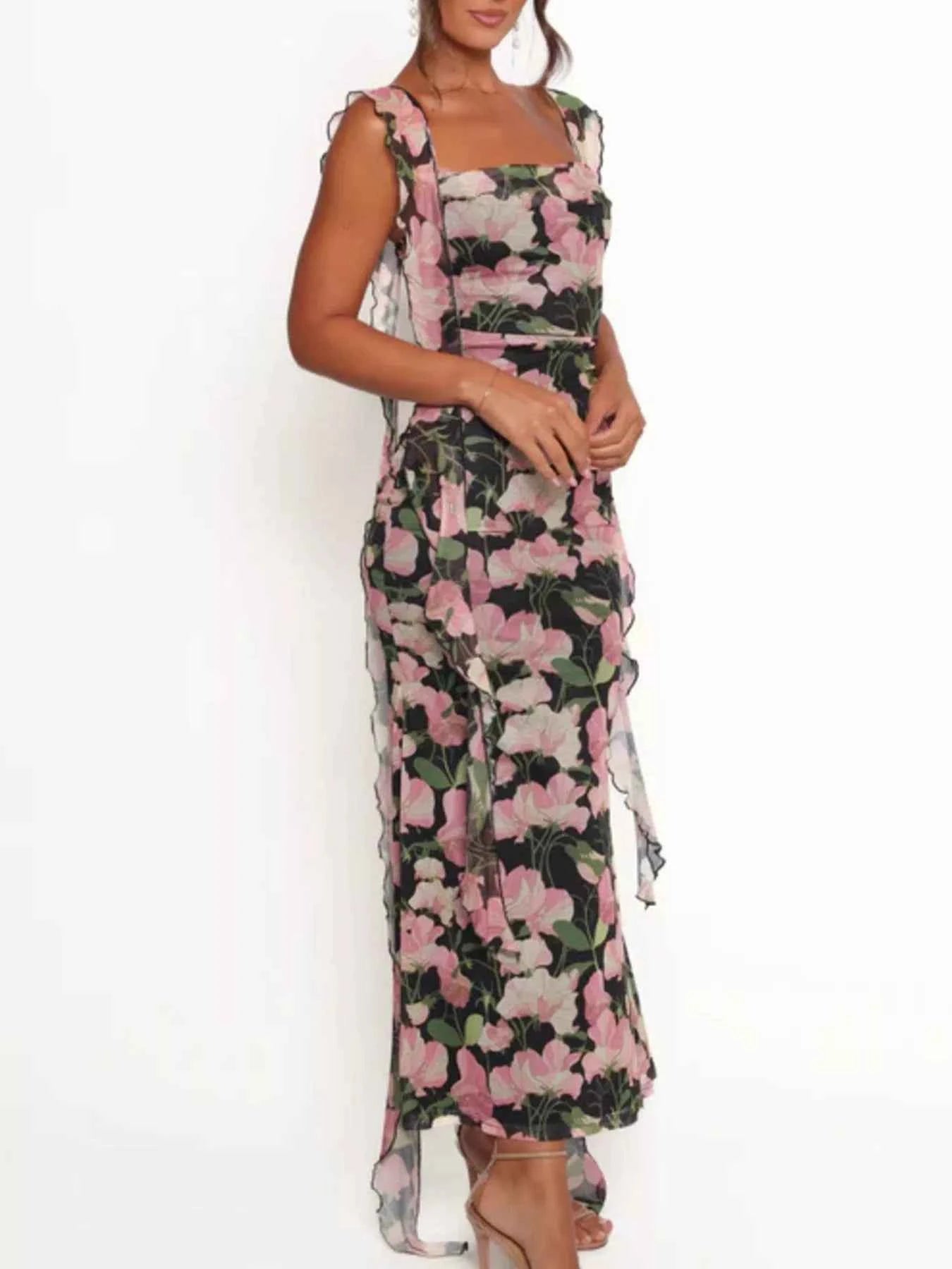 Floral Print Ruffle Trim Bodycon Maxi Dress