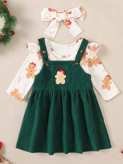 Children's Christmas Bodysuit and Overall Dress Set with Headband