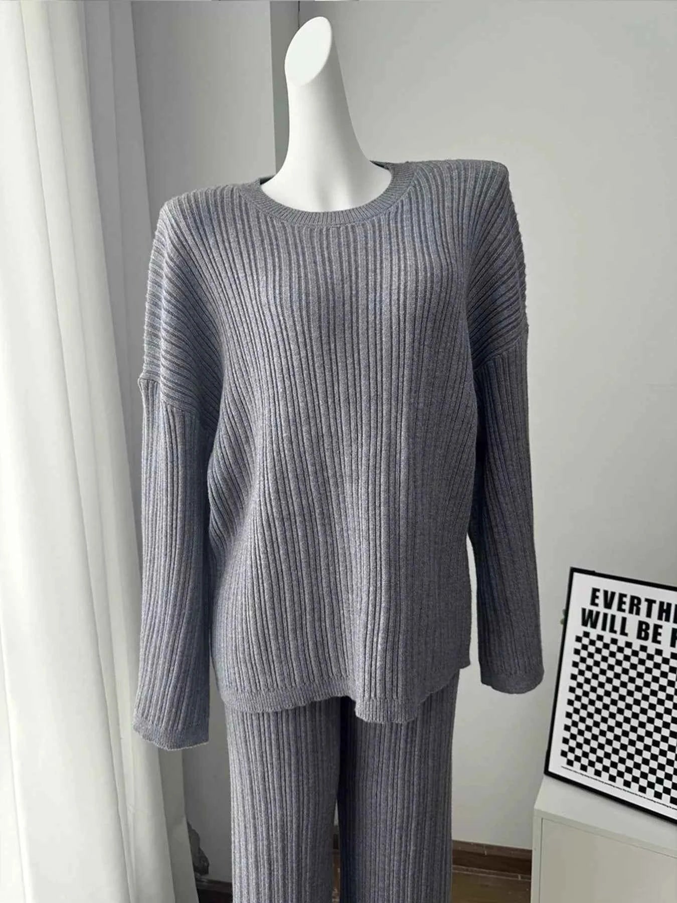 3-Piece Crew Neck Ribbed Sweater and Wide-Leg Pants Set with Scarf