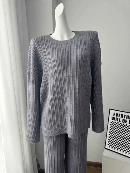 3-Piece Crew Neck Ribbed Sweater and Wide-Leg Pants Set with Scarf