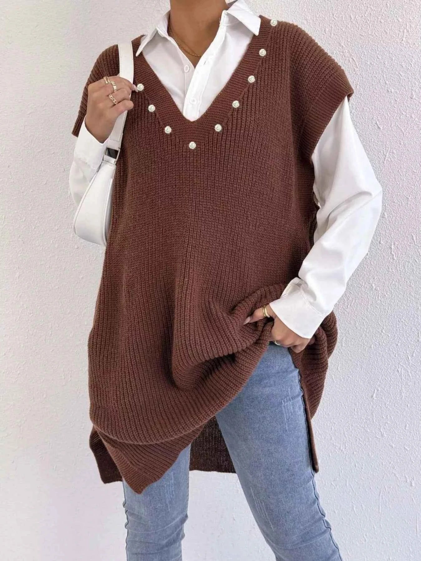 Slit V-Neck Sweater Dress