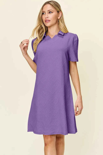 Double Take Full Size Texture Collared Neck Short Sleeve Dress