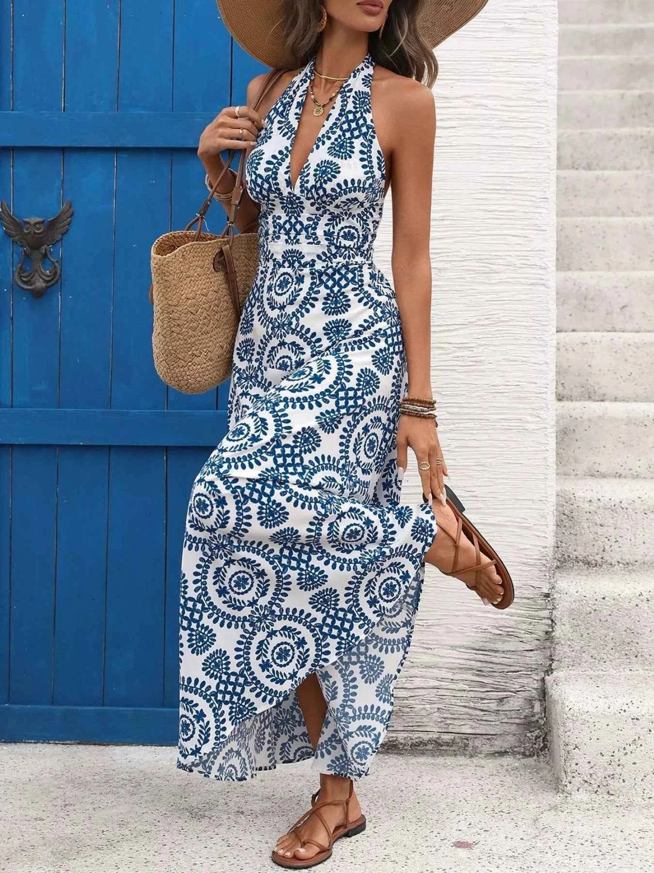 Printed Halter Neck Maxi Dress