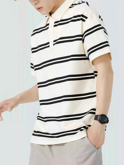 Men's Plus Size Striped Button Detail Short Sleeve Polo