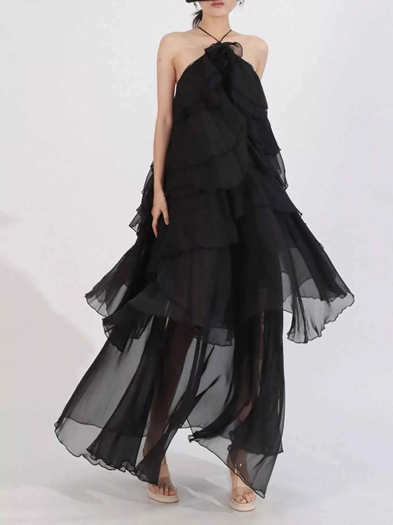 Ruffled Chiffon Halter Neck Maxi Dress