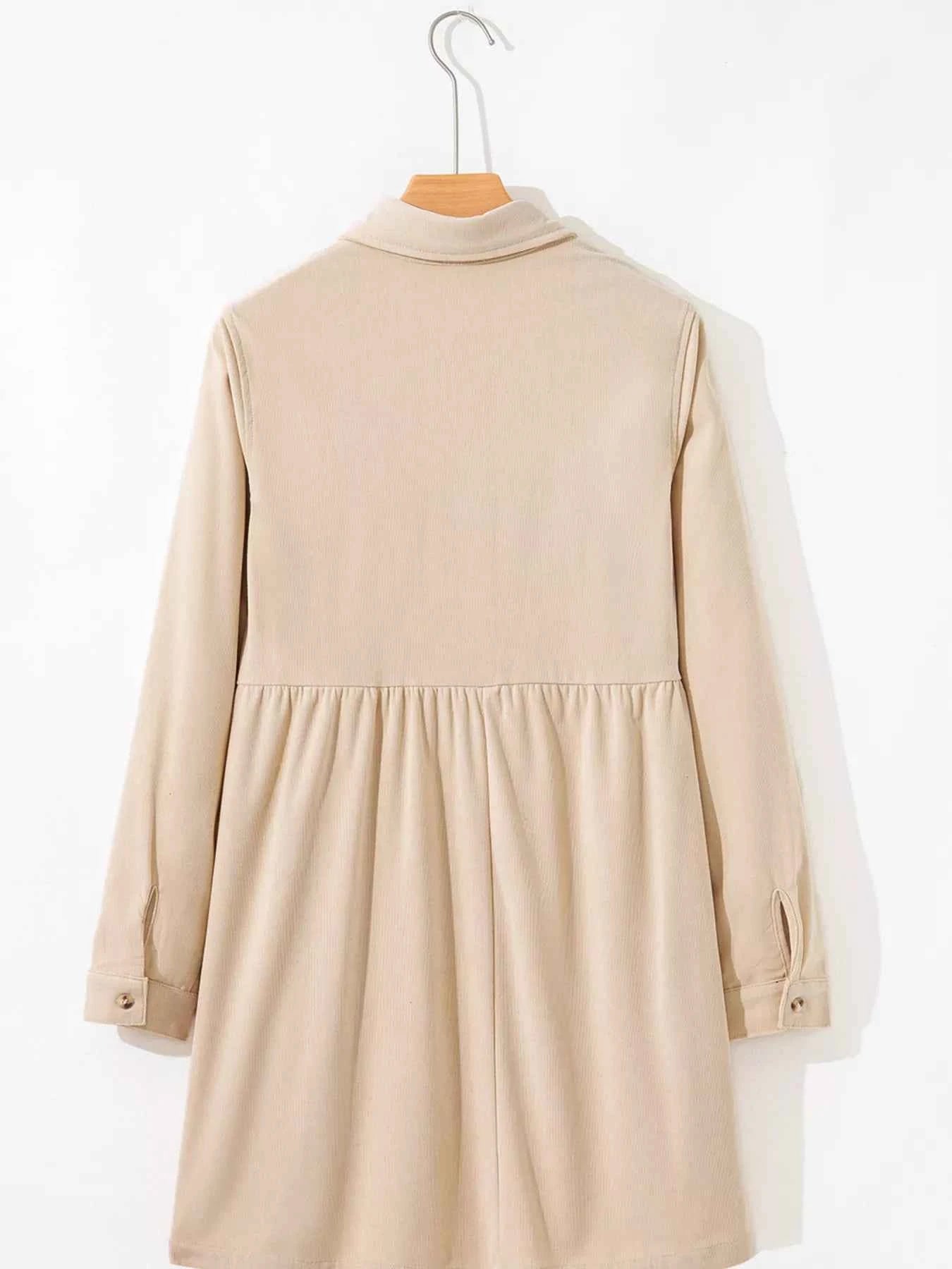 Corduroy Half Button Collared Long Sleeve Mini Dress
