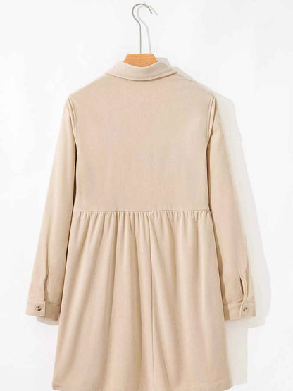 Corduroy Half Button Collared Long Sleeve Mini Dress