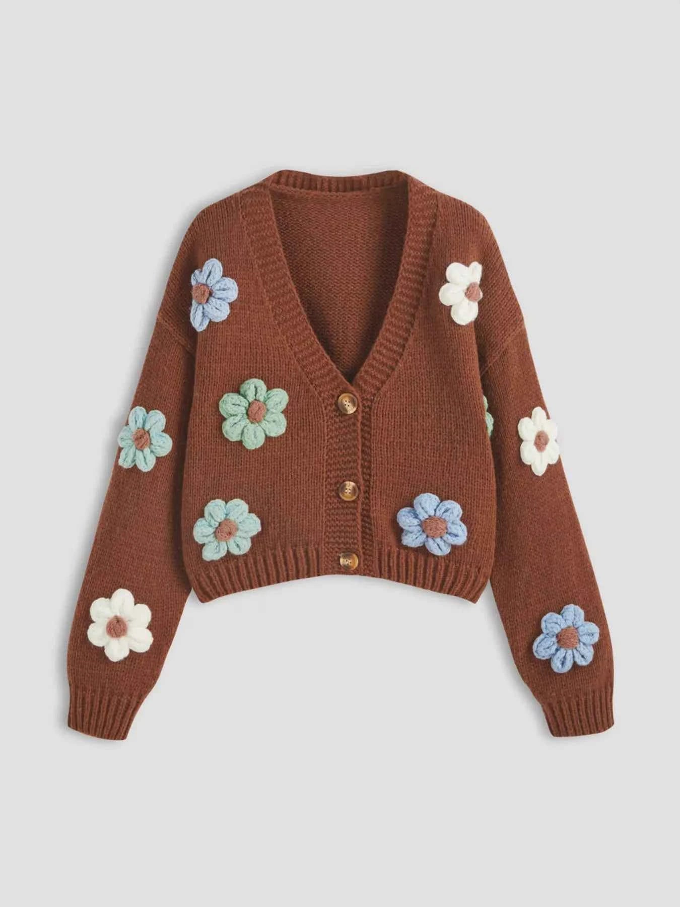 Floral Applique V-Neck Knit Cardigan