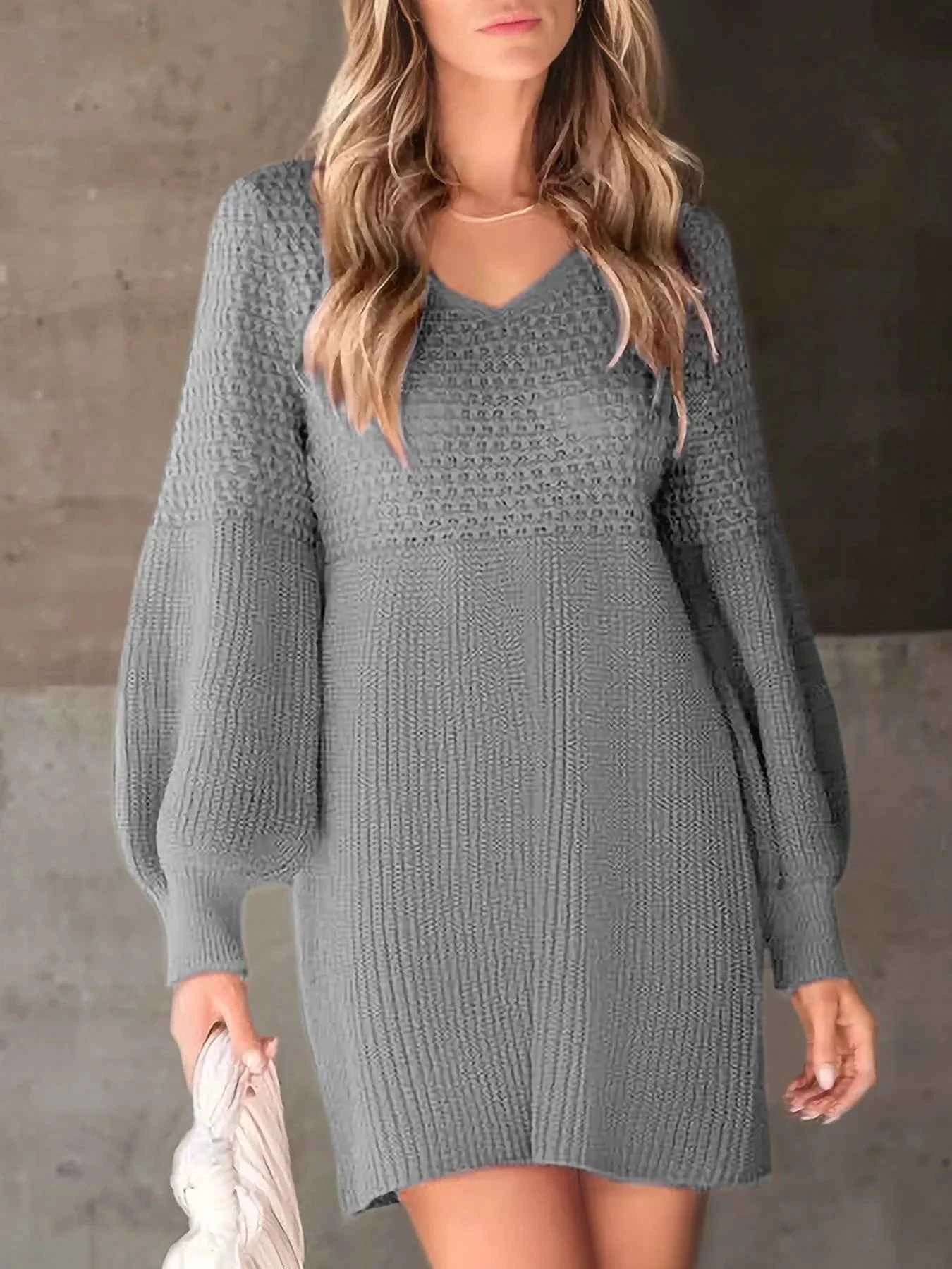 Texture V-Neck Lantern Sleeve Sweater Dress