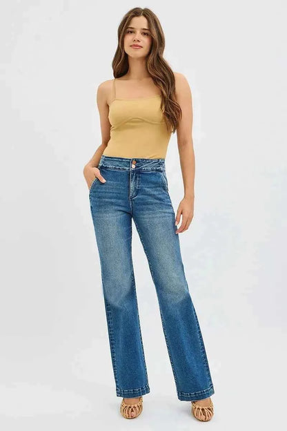RISEN Full Size Tummy Control High Rise Bootcut Jeans with Double Button Waistband Plus Size