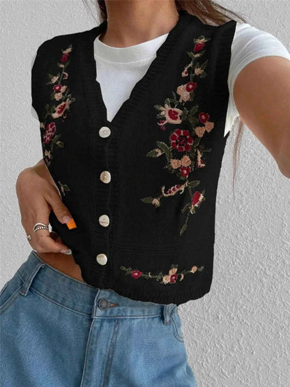 Embroidered Button Up Sweater Vest