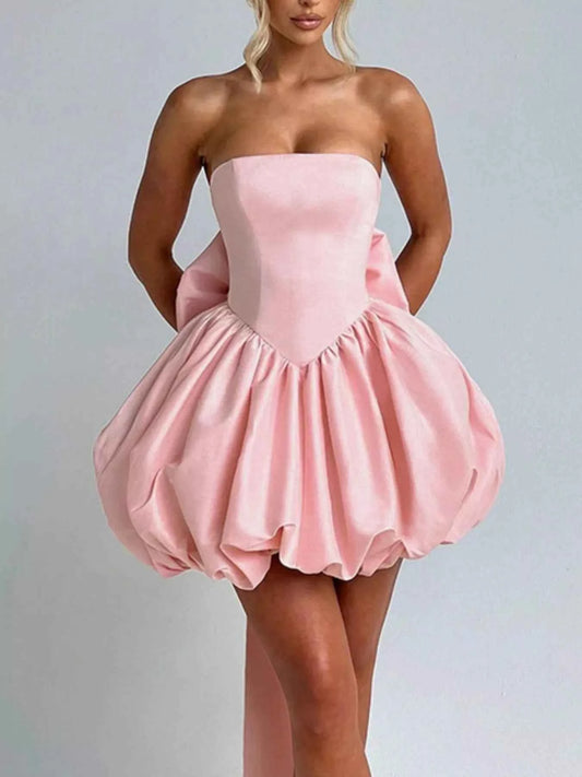 Elegant Strapless Bowknot Bubble Hem Mini Dress