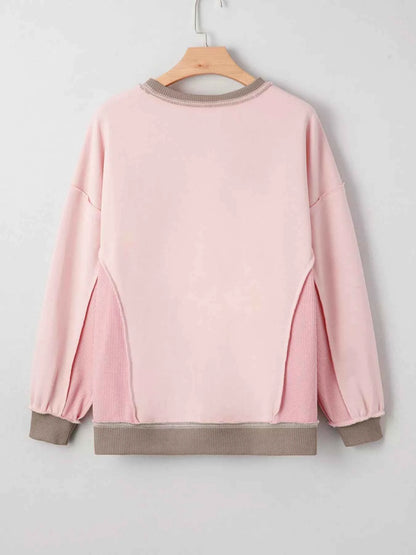 Waffle Color Block Patchwork Sequin Christmas Light Bulb Loose Sweatshirt